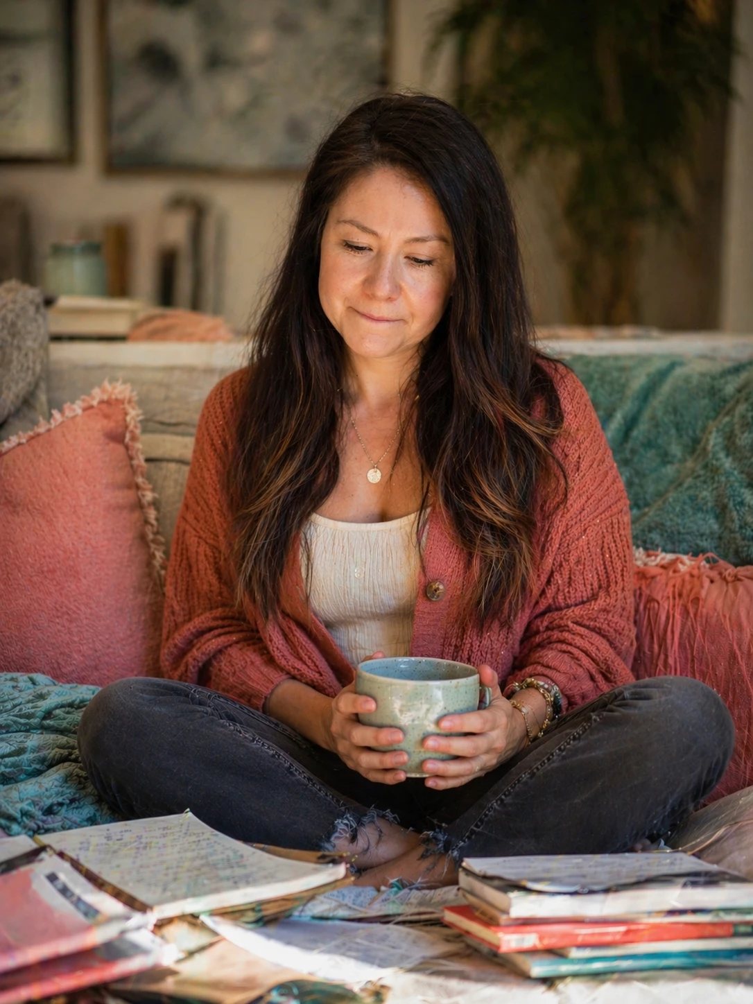 Dr. Stephanie Thrower holding a mug, surrounded by her journals